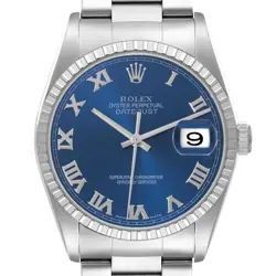 ROLEX DATEJUST BLUE DIAL ENGINE TURNED BEZEL STEEL MENS WATCH 16220