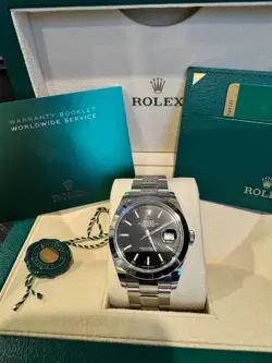 ROLEX DATEJUST 41MM 126300 STEEL OYSTER BRACELET WITH SILVER BEZEL & BLACK DIAL
