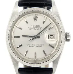 ROLEX DATEJUST MENS SS STAINLESS STEEL BLACK STRAP BAND SILVER DIAL WATCH 1603