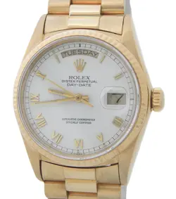 MENS ROLEX DAY-DATE PRESIDENT 18K YELLOW GOLD WATCH WITH WHITE ROMAN DIAL 18038