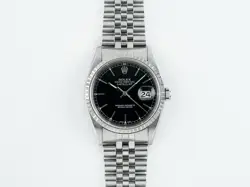 ROLEX MENS DATEJUST 16220 BLACK DIAL ENGINE TURNED BEZEL STAINLESS STEEL WATCH