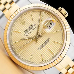 ROLEX MENS DATEJUST 16233 18K YELLOW GOLD STEEL 2-TONE CHAMPAGNE TAPESTRY WATCH