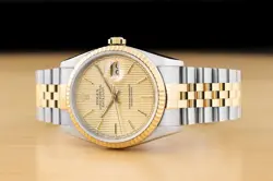 ROLEX MENS DATEJUST 16233 18K YELLOW GOLD STEEL 2-TONE CHAMPAGNE TAPESTRY WATCH