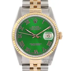 ROLEX DATEJUST 16013 GOLD & STEEL 36MM WATCH GREEN ROMAN DIAL 18K FLUTED BEZEL