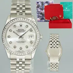 MINT DIAMOND BEZEL ROLEX DATEJUST 36MM MOTHER OF PEARL 16220 STEEL WATCH BOX