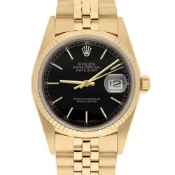 ROLEX DATEJUST 18K YELLOW GOLD BLACK DIAL  JUBILEE MENS 36MM WATCH 16018