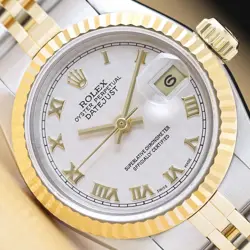 ROLEX LADIES DATEJUST 69173 CREAM PYRAMID ROMAN DIAL 18K GOLD STEEL 2-TONE WATCH