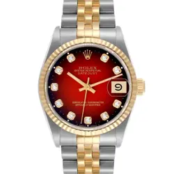 ROLEX DATEJUST MIDSIZE STEEL YELLOW GOLD RED VIGNETTE DIAMOND LADIES WATCH 68273