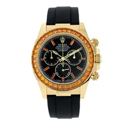 ROLEX DAYTONA WATCH 40MM YELLOW GOLD BLACK DIAMOND BAGUETTE INDEX DIAL RUBBER