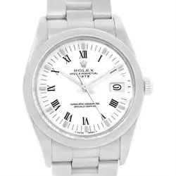 Men's Rolex 34mm Date Vintage Steel Wristwatch with White Dial & Fluted Bezel.