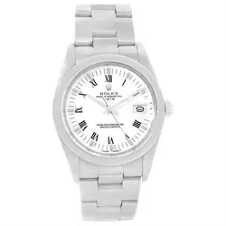 MEN'S ROLEX 34MM DATE VINTAGE STEEL WRISTWATCH WITH WHITE DIAL & FLUTED BEZEL.