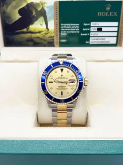 ROLEX SUBMARINER 16613 CHAMPAGNE SERTI DIAL 18K YELLOW GOLD STEEL BOX PAPER