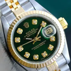 ROLEX LADIES DATEJUST WATCH 69173 18KY GOLD SS GREEN DIAMOND DIAL FLUTED 26MM