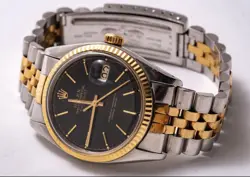 ROLEX DATEJUST MENS 2TONE YELLOW GOLD & STAINLESS STEEL WATCH BLACK DIAL 16013
