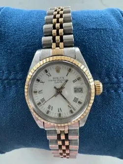 ROLEX DATE LADY 2TONE 14K YELLOW GOLD STEEL WATCH WHITE ROMAN DIAL 6917