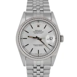 NOS ROLEX DATEJUST SILVER 36MM STAINLESS STEEL 18K WHITE GOLD WATCH 16234 BOX
