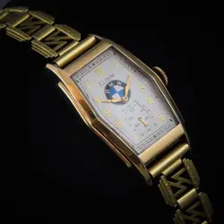 🇺🇸 1935 BMW LOGO BADGE VTG ELGIN MENS DECO WATCH GOLD FLD CUSTOM BRACELET WW2