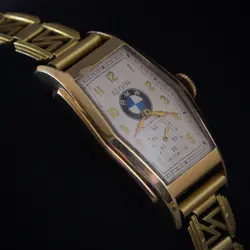 🇺🇸 1935 BMW LOGO BADGE VTG ELGIN MENS DECO WATCH GOLD FLD CUSTOM BRACELET WW2