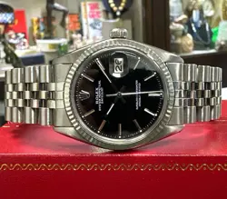 MENS VINTAGE ROLEX DATEJUST WHITE GOLD STAINLESS STEEL BLACK DIAL 36MM WATCH