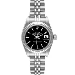 ROLEX DATEJUST BLACK DIAL WHITE GOLD STEEL LADIES WATCH 79174 BOX PAPERS