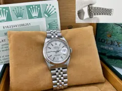 ROLEX DATEJUST 16234 36MM SILVER DIAL 18K WHITE GOLD STAINLESS STEEL BOX PAPER