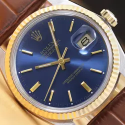 ROLEX DATEJUST 16013 18K YELLOW GOLD STEEL BLUE DIAL BROWN LEATHER STRAP WATCH
