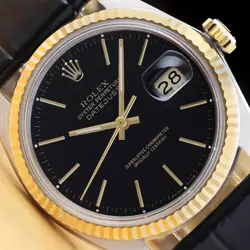 ROLEX DATEJUST 16013 18K YELLOW GOLD STAINLESS STEEL BLACK LEATHER STRAP WATCH