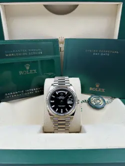 ROLEX DAY DATE 40MM BLACK BAGUETTE DIAL WHITE GOLD 228239 BOX & PAPERS 2023