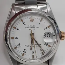 ROLEX DATE 34 MM STEEL WHITE ROMAN OYSTER AUTOMATIC WATCH 1500 CIRCA 1970