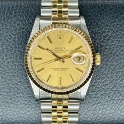 ROLEX MENS DATEJUST 36MM CHAMPAGNE INDEX DIAL TWO-TONE FLUTED JUBILEE BAND 16233