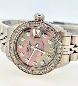 ROLEX LADIES DATEJUST OYSTER STAINLESS  DIAMOND DIAL BEZEL WATCH PEARL