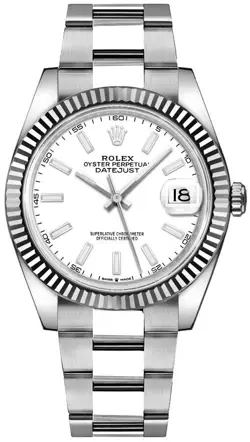ROLEX DATEJUST 41 WHITE DIAL FLUTED GOLD BEZEL MENS AUTOMATIC LUXURY WATCH
