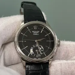 Rolex Cellini 50529 Dual Time 39mm Black Dial 18K White Gold Leather Box Paper