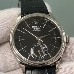 Rolex Cellini 50529 Dual Time 39mm Black Dial 18K White Gold Leather Box Paper
