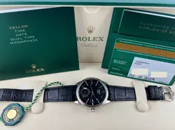 Rolex Cellini 50529 Dual Time 39mm Black Dial 18K White Gold Leather Box Paper