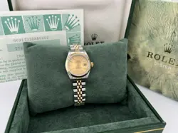 ROLEX LADIES DATEJUST 69173 CHAMPAGNE TAPESTRY DIAL 18K YELLOW GOLD STEEL