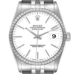 Rolex Datejust White Dial Engine Turned Bezel Steel Mens Watch 16220