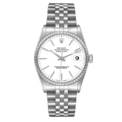 Rolex Datejust White Dial Engine Turned Bezel Steel Mens Watch 16220