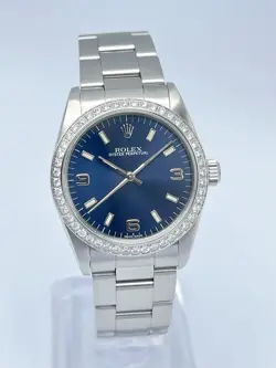 LADIES ROLEX OYSTER PERPETUAL 77080 31MM BLUE DIAL ARABIC 3-6-9 DIAMOND BEZEL