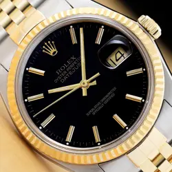 ROLEX MENS DATEJUST 16233 BLACK DIAL 18K YELLOW GOLD STAINLESS STEEL WATCH