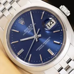 ROLEX OYSTER PERPETUAL DATE 1500 BLUE DIAL SMOOTH BEZEL STEEL 34MM WATCH