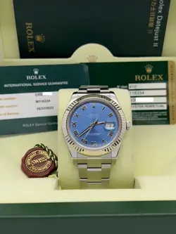 ROLEX 116334 DATEJUST II 41MM BLUE ROMAN DIAL STAINLESS STEEL BOX PAPER
