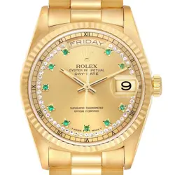 ROLEX PRESIDENT DAY-DATE YELLOW GOLD STRING DIAMOND EMERALD MENS WATCH 18238