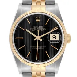 ROLEX DATEJUST 36 STEEL YELLOW GOLD BLACK TAPESTRY DIAL MENS WATCH 16233