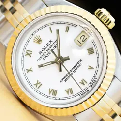 ROLEX LADIES DATEJUST 69173 WHITE ROMAN DIAL 18K YELLOW GOLD & STEEL WATCH
