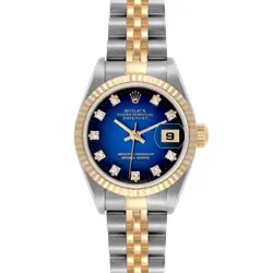 ROLEX DATEJUST BLUE VIGNETTE DIAMOND STEEL YELLOW GOLD WATCH 69173 BOX PAPERS