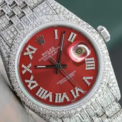 ROLEX MENS DATEJUST 36MM ICED OUT FULLY LOADED GENUINE DIAMONDS RED DIAL WATCH