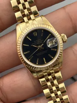 LADIES ROLEX DATEJUST 18K SOLID YELLOW GOLD JUBILEE, DARK BLUE GILT DIAL