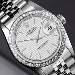 31 MM ROLEX DATEJUST SILVER INDEX DIAL DIAMOND BEZEL STAINLESS STEEL WATCH