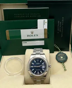ROLEX DATEJUST II 116300 41MM BLUE INDEX DIAL OYSTER STEEL WATCH B&P